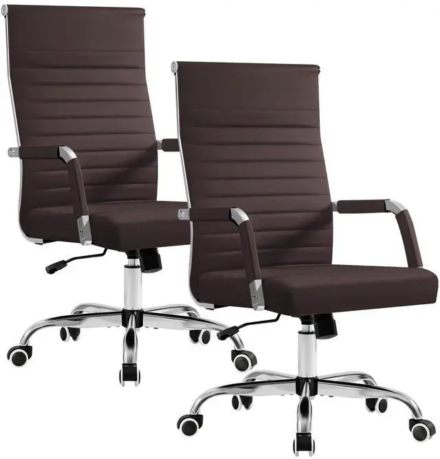 Main image of Ergonomic Office Desk Chair, Executive Ribbed Mid-Back PU Leather Conference Room Chair Adjustable Swivel Chair with Arms (2, Brown)