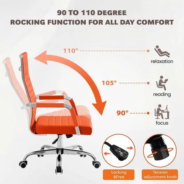 Alt view image 7 of 7 - Ergonomic Office Desk Chair, Executive Ribbed Mid-Back PU Leather Conference Room Chair Adjustable Swivel Chair with Arms (1, Orange)