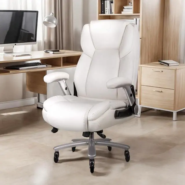 Alt view image 2 of 7 - 600lbs Big and Tall Office Chair with Flip up Armrest, Large Heavy Duty with Ergonomic Lumbar Support, Executive Office Chair for Heavy People with Quiet Rubber Wheel(White)