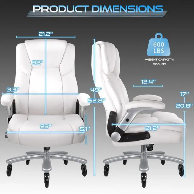 Alt view image 3 of 7 - 600lbs Big and Tall Office Chair with Flip up Armrest, Large Heavy Duty with Ergonomic Lumbar Support, Executive Office Chair for Heavy People with Quiet Rubber Wheel(White)