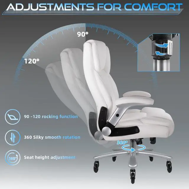 Alt view image 6 of 7 - 600lbs Big and Tall Office Chair with Flip up Armrest, Large Heavy Duty with Ergonomic Lumbar Support, Executive Office Chair for Heavy People with Quiet Rubber Wheel(White)
