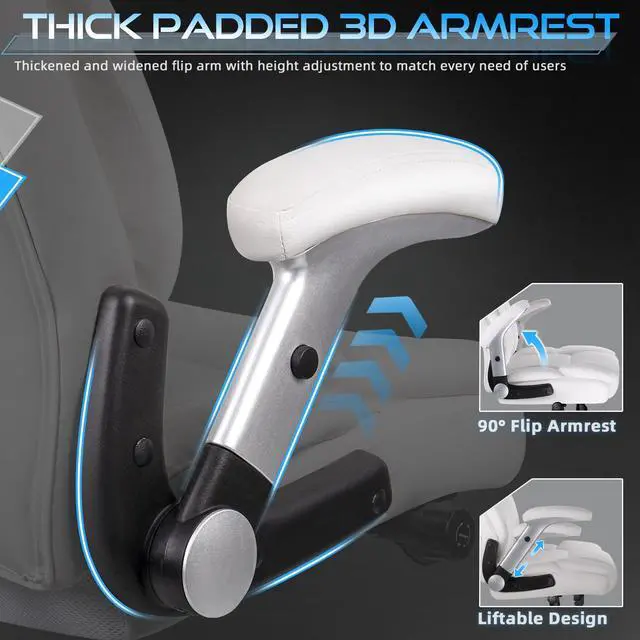Alt view image 7 of 7 - 600lbs Big and Tall Office Chair with Flip up Armrest, Large Heavy Duty with Ergonomic Lumbar Support, Executive Office Chair for Heavy People with Quiet Rubber Wheel(White)