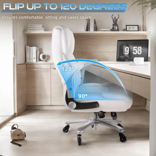 Alt view image 5 of 7 - 600lbs Big and Tall Office Chair with Flip up Armrest, Large Heavy Duty with Ergonomic Lumbar Support, Executive Office Chair for Heavy People with Quiet Rubber Wheel(White)