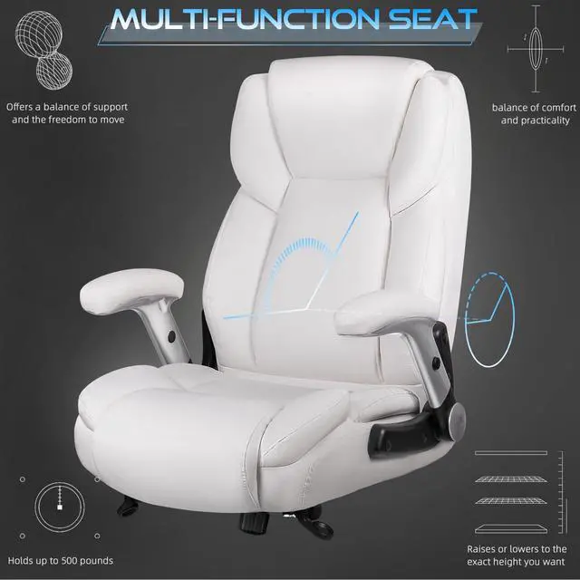 Alt view image 4 of 7 - 600lbs Big and Tall Office Chair with Flip up Armrest, Large Heavy Duty with Ergonomic Lumbar Support, Executive Office Chair for Heavy People with Quiet Rubber Wheel(White)