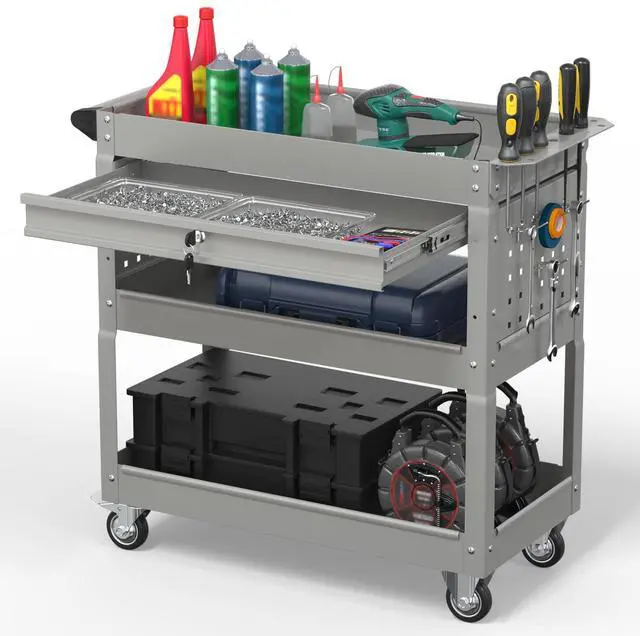 Main image of 3 Tier Rolling Tool Cart on Wheels, 550 LBS Tool Cart with DrawersHeavy Duty Utility Cart with Pegboard and HookMechanic Tool Storage Cart for Garage, Warehouse and Repair Shop(Gray)