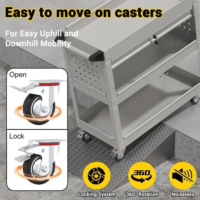 Alt view image 3 of 6 - 3 Tier Rolling Tool Cart on Wheels, 550 LBS Tool Cart with DrawersHeavy Duty Utility Cart with Pegboard and HookMechanic Tool Storage Cart for Garage, Warehouse and Repair Shop(Gray)