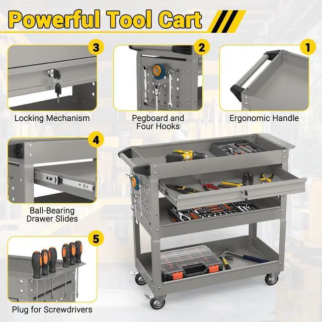 Alt view image 4 of 6 - 3 Tier Rolling Tool Cart on Wheels, 550 LBS Tool Cart with DrawersHeavy Duty Utility Cart with Pegboard and HookMechanic Tool Storage Cart for Garage, Warehouse and Repair Shop(Gray)
