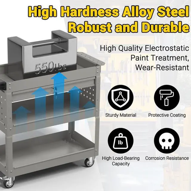Alt view image 2 of 6 - 3 Tier Rolling Tool Cart on Wheels, 550 LBS Tool Cart with DrawersHeavy Duty Utility Cart with Pegboard and HookMechanic Tool Storage Cart for Garage, Warehouse and Repair Shop(Gray)