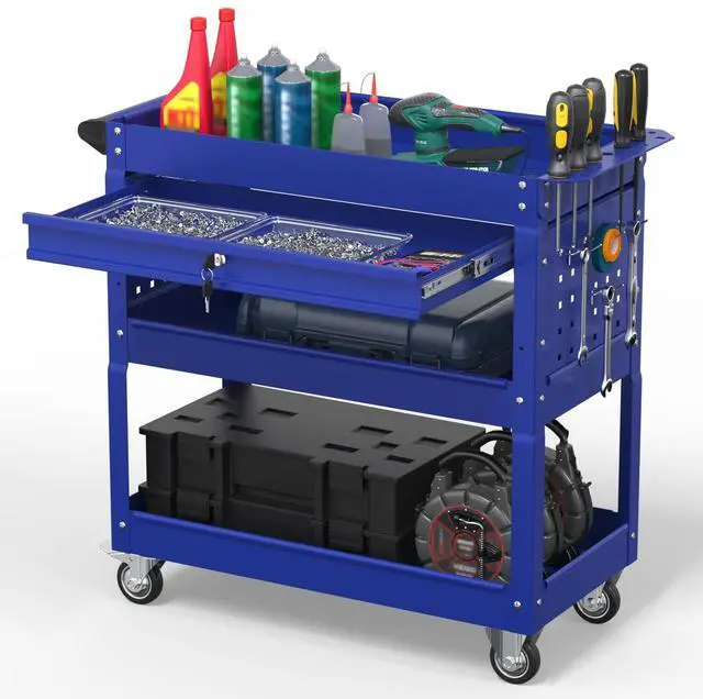 Main image of 3 Tier Rolling Tool Cart on Wheels, 550 LBS Tool Cart with DrawersHeavy Duty Utility Cart with Pegboard and HookMechanic Tool Storage Cart for Garage, Warehouse and Repair Shop(Dark Blue)