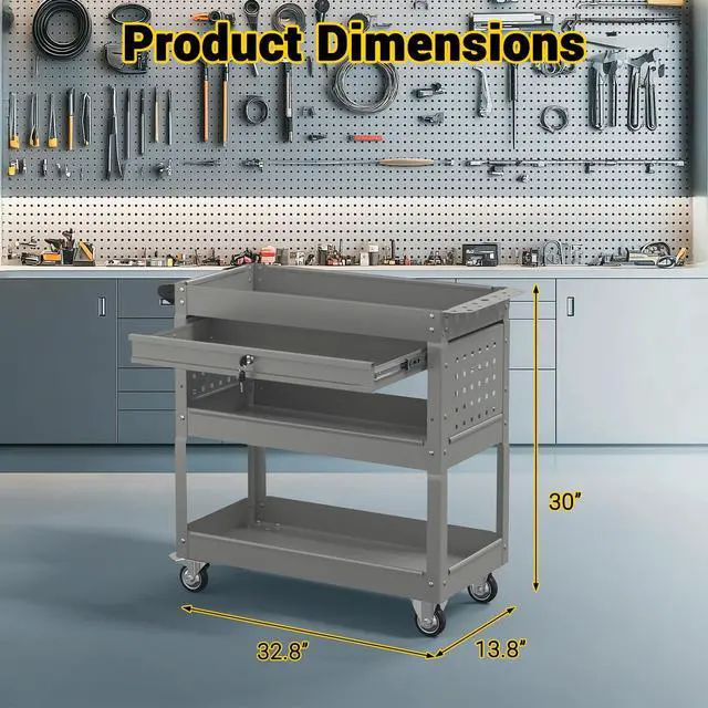 Alt view image 5 of 6 - 3 Tier Rolling Tool Cart on Wheels, 550 LBS Tool Cart with DrawersHeavy Duty Utility Cart with Pegboard and HookMechanic Tool Storage Cart for Garage, Warehouse and Repair Shop(Gray)