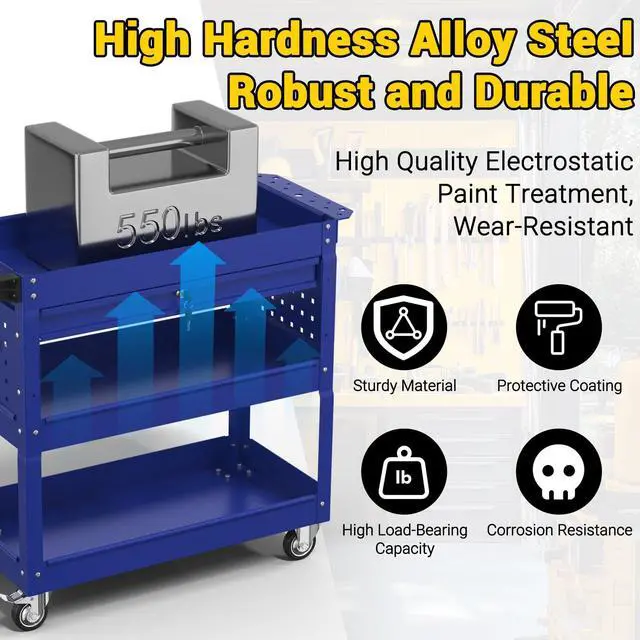 Alt view image 2 of 7 - 3 Tier Rolling Tool Cart on Wheels, 550 LBS Tool Cart with DrawersHeavy Duty Utility Cart with Pegboard and HookMechanic Tool Storage Cart for Garage, Warehouse and Repair Shop(Dark Blue)
