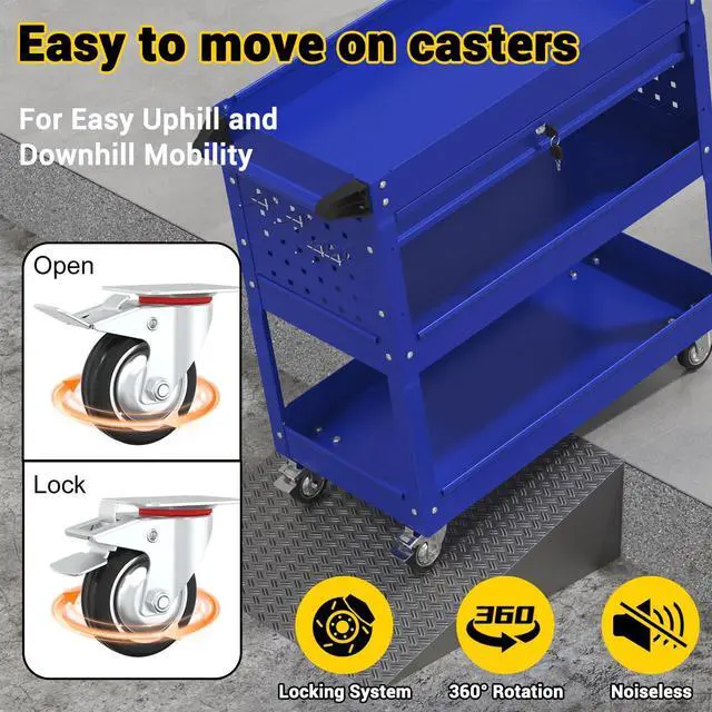 Alt view image 3 of 7 - 3 Tier Rolling Tool Cart on Wheels, 550 LBS Tool Cart with DrawersHeavy Duty Utility Cart with Pegboard and HookMechanic Tool Storage Cart for Garage, Warehouse and Repair Shop(Dark Blue)