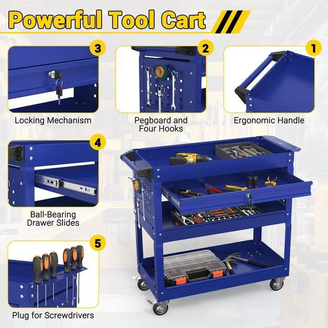 Alt view image 4 of 7 - 3 Tier Rolling Tool Cart on Wheels, 550 LBS Tool Cart with DrawersHeavy Duty Utility Cart with Pegboard and HookMechanic Tool Storage Cart for Garage, Warehouse and Repair Shop(Dark Blue)