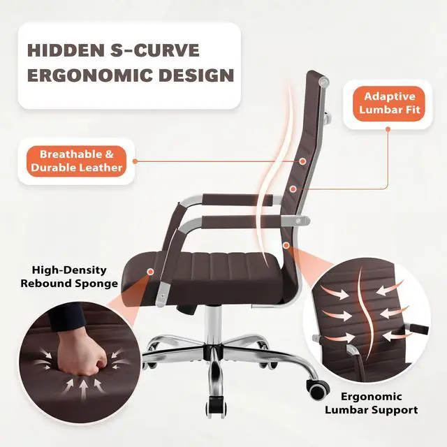 Alt view image 4 of 7 - Ergonomic Office Desk Chair, Executive Ribbed Mid-Back PU Leather Conference Room Chair Adjustable Swivel Chair with Arms (1, Brown)