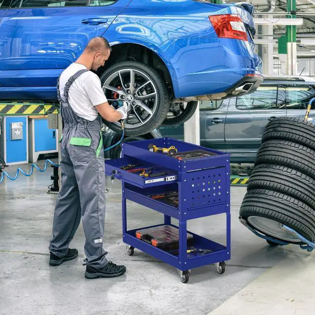 Alt view image 6 of 7 - 3 Tier Rolling Tool Cart on Wheels, 550 LBS Tool Cart with DrawersHeavy Duty Utility Cart with Pegboard and HookMechanic Tool Storage Cart for Garage, Warehouse and Repair Shop(Dark Blue)