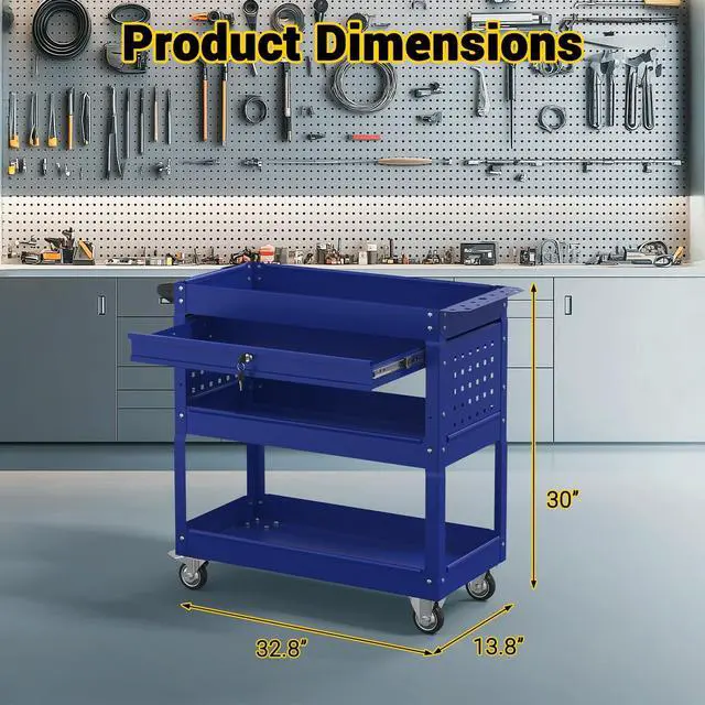 Alt view image 5 of 7 - 3 Tier Rolling Tool Cart on Wheels, 550 LBS Tool Cart with DrawersHeavy Duty Utility Cart with Pegboard and HookMechanic Tool Storage Cart for Garage, Warehouse and Repair Shop(Dark Blue)