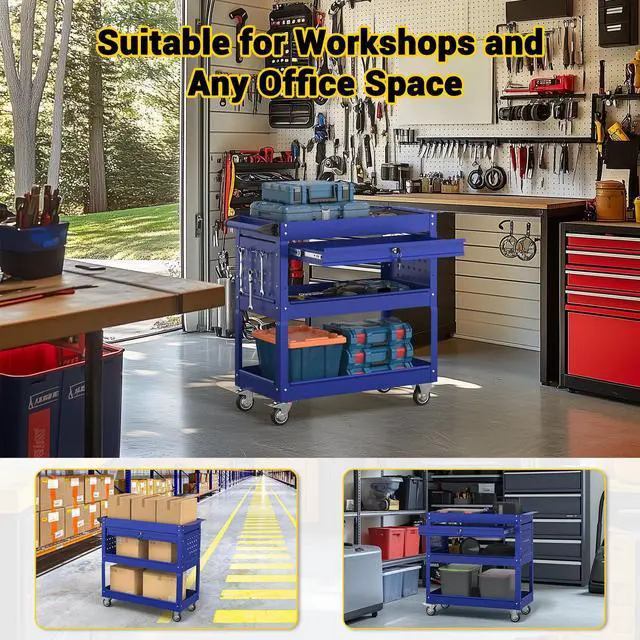 Alt view image 7 of 7 - 3 Tier Rolling Tool Cart on Wheels, 550 LBS Tool Cart with DrawersHeavy Duty Utility Cart with Pegboard and HookMechanic Tool Storage Cart for Garage, Warehouse and Repair Shop(Dark Blue)