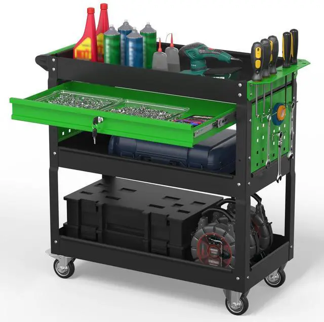 Main image of 3 Tier Rolling Tool Cart on Wheels, 550 LBS Tool Cart with DrawersHeavy Duty Utility Cart with Pegboard and HooksMechanic Tool Storage Cart for Garage, Warehouse (Black-Green)