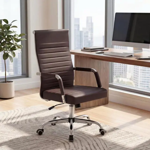Alt view image 7 of 7 - Ergonomic Office Desk Chair, Executive Ribbed Mid-Back PU Leather Conference Room Chair Adjustable Swivel Chair with Arms (1, Brown)