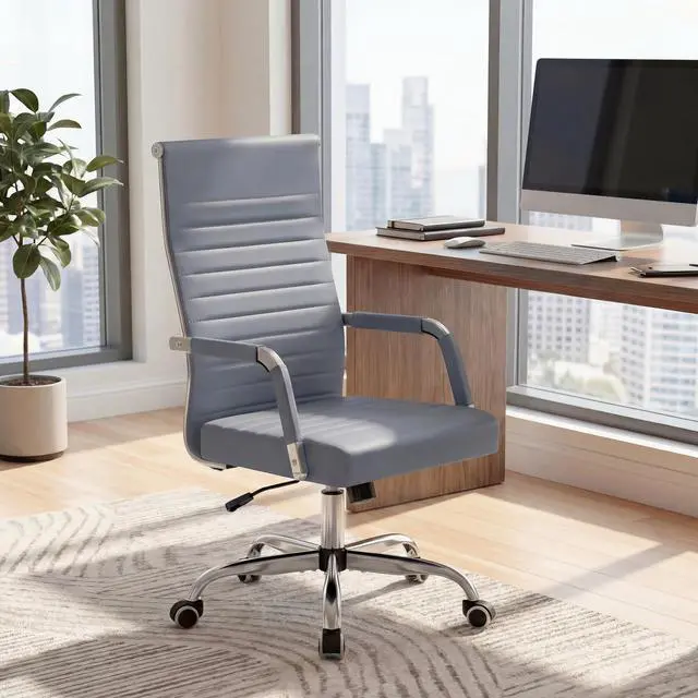 Alt view image 2 of 7 - Ergonomic Office Desk Chair, Executive Ribbed Mid-Back PU Leather Conference Room Chair Adjustable Swivel Chair with Arms (2, Grey)