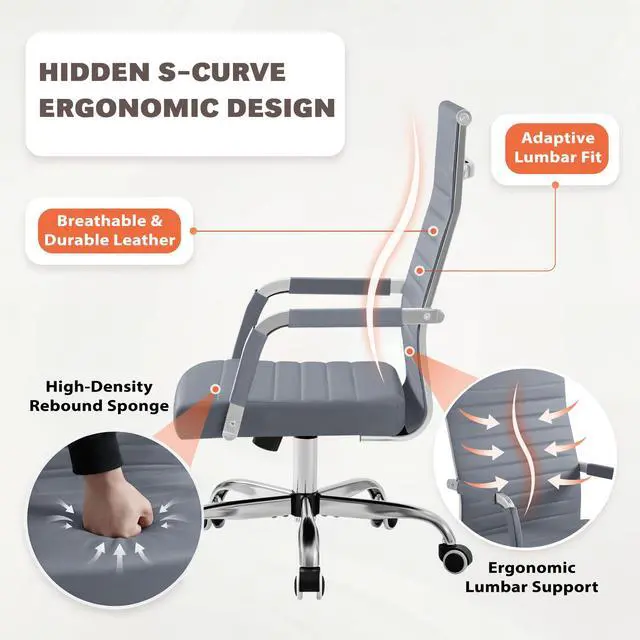 Alt view image 4 of 7 - Ergonomic Office Desk Chair, Executive Ribbed Mid-Back PU Leather Conference Room Chair Adjustable Swivel Chair with Arms (2, Grey)