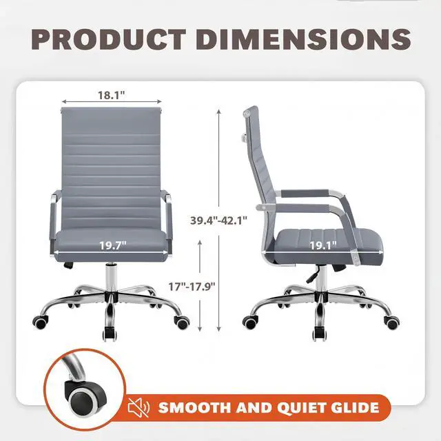 Alt view image 3 of 7 - Ergonomic Office Desk Chair, Executive Ribbed Mid-Back PU Leather Conference Room Chair Adjustable Swivel Chair with Arms (2, Grey)