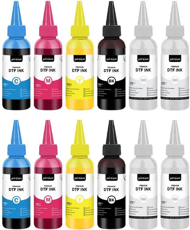 Main image of DTF Ink 12 x 3.38 fl oz (100ml) | CMYKWW - 2 Sets | High Opacity Clog-Free | Compatible with ET8550 L1800 XP600 I3200 4720 XP15000 & All Printheads | Reliable Color & Smooth Ink