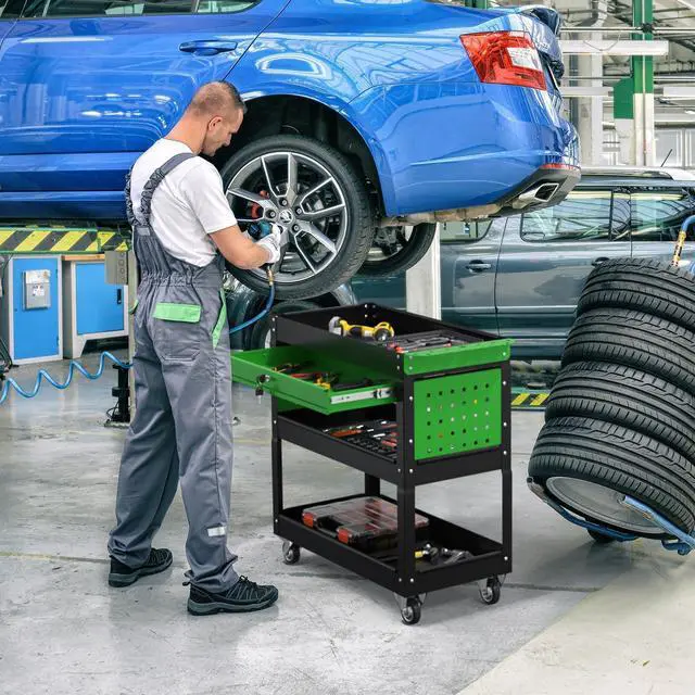 Alt view image 2 of 5 - 3 Tier Rolling Tool Cart on Wheels, 550 LBS Tool Cart with DrawersHeavy Duty Utility Cart with Pegboard and HooksMechanic Tool Storage Cart for Garage, Warehouse (Black-Green)