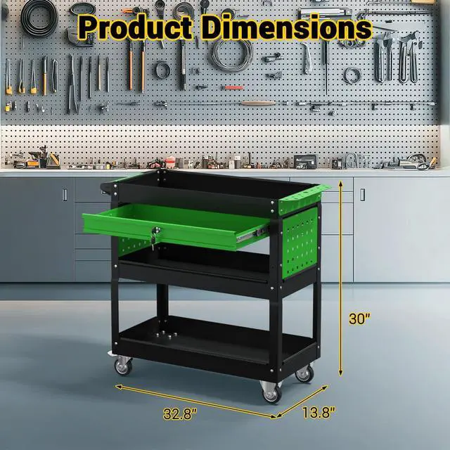 Alt view image 3 of 5 - 3 Tier Rolling Tool Cart on Wheels, 550 LBS Tool Cart with DrawersHeavy Duty Utility Cart with Pegboard and HooksMechanic Tool Storage Cart for Garage, Warehouse (Black-Green)