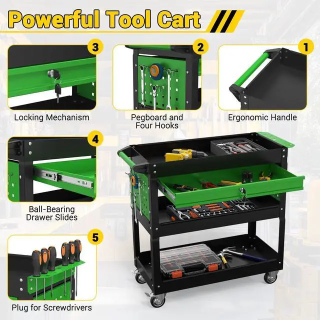 Alt view image 4 of 5 - 3 Tier Rolling Tool Cart on Wheels, 550 LBS Tool Cart with DrawersHeavy Duty Utility Cart with Pegboard and HooksMechanic Tool Storage Cart for Garage, Warehouse (Black-Green)