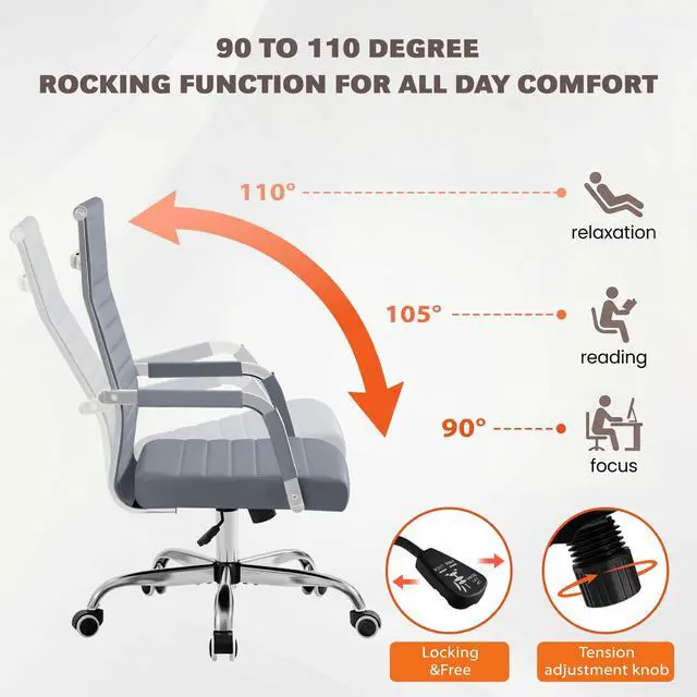 Alt view image 6 of 7 - Ergonomic Office Desk Chair, Executive Ribbed Mid-Back PU Leather Conference Room Chair Adjustable Swivel Chair with Arms (2, Grey)