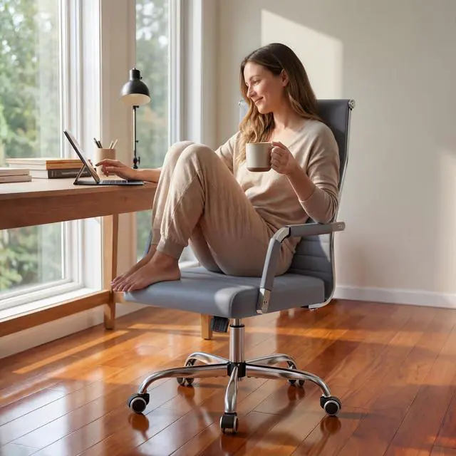 Alt view image 7 of 7 - Ergonomic Office Desk Chair, Executive Ribbed Mid-Back PU Leather Conference Room Chair Adjustable Swivel Chair with Arms (2, Grey)