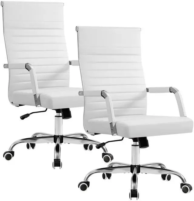 Main image of Ergonomic Office Desk Chair, Executive Ribbed Mid-Back PU Leather Conference Room Chair Adjustable Swivel Chair with Arms (2, White)