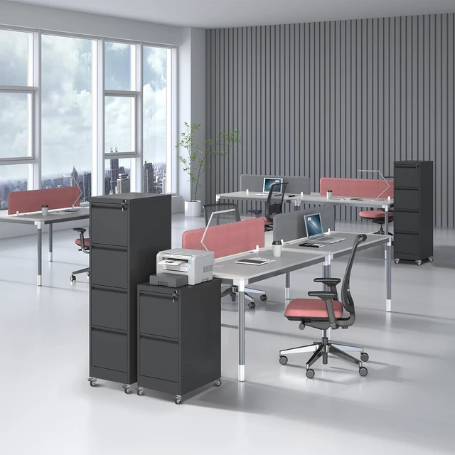 Alt view image 2 of 7 - 4 Drawer File Cabinet with Wheels, Metal Filing Cabinet with Lock and Wheels, Rolling Filing Storage Home Office, Vertical File Cabinets for Hanging Legal/Letter Size Files, Assembly Required, Black