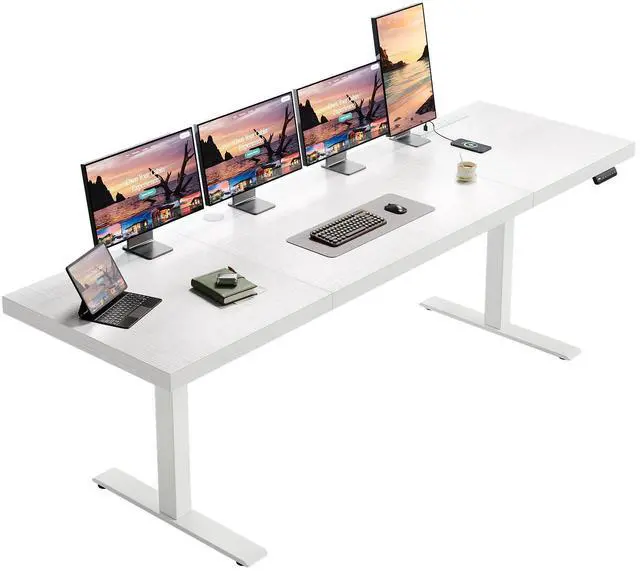 Main image of 79 Inch Executive Electric Standing Desk Height Adjustable, White | 1.38" Thick 3-Panel Desktop, Power Outlets, 3 Memory Presets, Dual-Beam Frame for Home Office, Workstation, Conference Room
