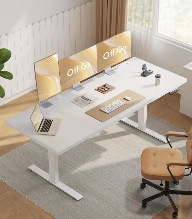 Alt view image 2 of 7 - 79 Inch Executive Electric Standing Desk Height Adjustable, White | 1.38" Thick 3-Panel Desktop, Power Outlets, 3 Memory Presets, Dual-Beam Frame for Home Office, Workstation, Conference Room