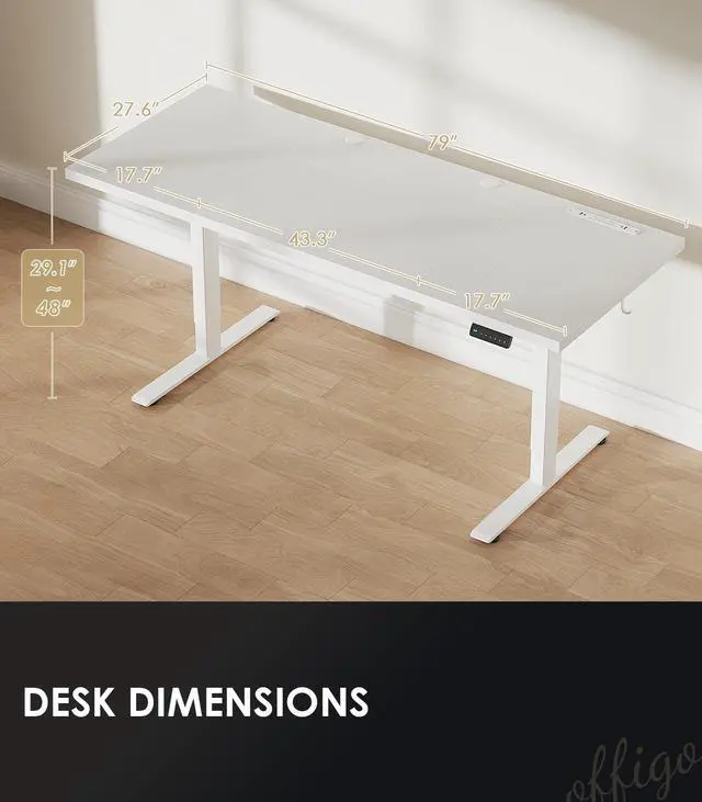 Alt view image 4 of 7 - 79 Inch Executive Electric Standing Desk Height Adjustable, White | 1.38" Thick 3-Panel Desktop, Power Outlets, 3 Memory Presets, Dual-Beam Frame for Home Office, Workstation, Conference Room