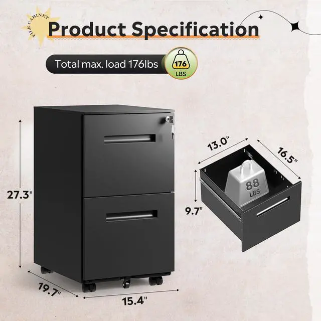 Alt view image 3 of 7 - 2 Drawer Metal File Cabinet with Lock, Fully Assembled | Mobile Filing Cabinet Under Desk for Home Office, Printer Stand, fits Letter/Legal/A4 Size Files, Black