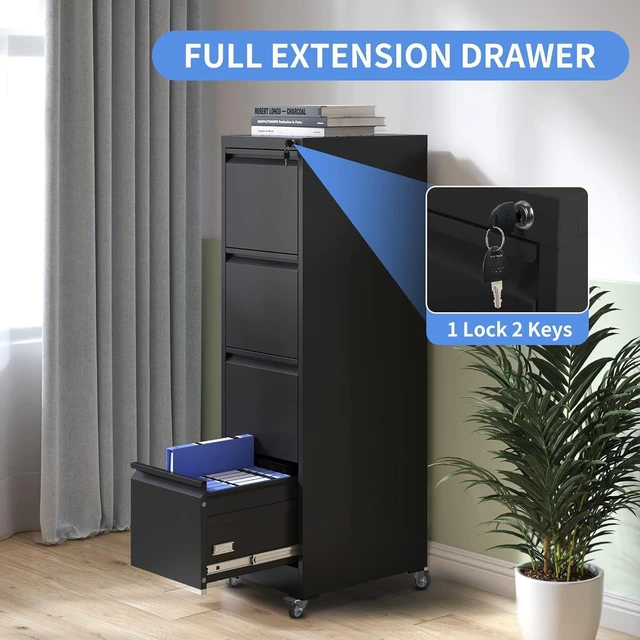 Alt view image 5 of 7 - 4 Drawer File Cabinet with Wheels, Metal Filing Cabinet with Lock and Wheels, Rolling Filing Storage Home Office, Vertical File Cabinets for Hanging Legal/Letter Size Files, Assembly Required, Black