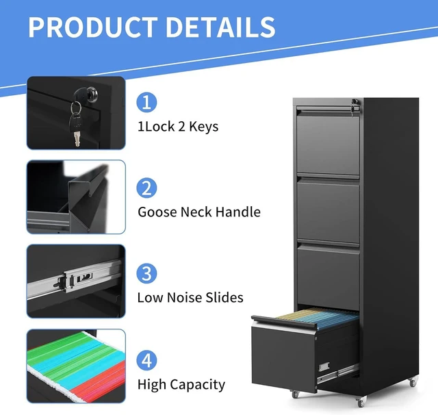 Alt view image 4 of 7 - 4 Drawer File Cabinet with Wheels, Metal Filing Cabinet with Lock and Wheels, Rolling Filing Storage Home Office, Vertical File Cabinets for Hanging Legal/Letter Size Files, Assembly Required, Black