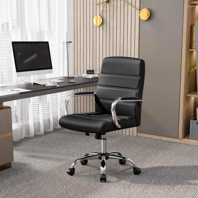 Alt view image 2 of 7 - Black Office Chair PU Leather Swivel Rocking Desk Seat with Arms | Foam-padded channel-stitched PU leather back supports desk hours; chrome frame rocks, adjusts in height, rolls on casters