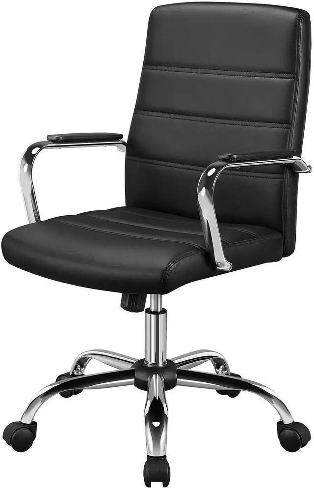 Main image of Black Office Chair PU Leather Swivel Rocking Desk Seat with Arms | Foam-padded channel-stitched PU leather back supports desk hours; chrome frame rocks, adjusts in height, rolls on casters
