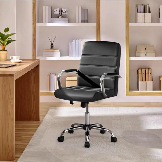 Alt view image 4 of 7 - Black Office Chair PU Leather Swivel Rocking Desk Seat with Arms | Foam-padded channel-stitched PU leather back supports desk hours; chrome frame rocks, adjusts in height, rolls on casters