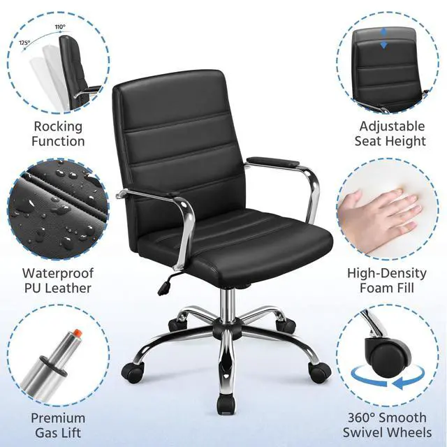 Alt view image 6 of 7 - Black Office Chair PU Leather Swivel Rocking Desk Seat with Arms | Foam-padded channel-stitched PU leather back supports desk hours; chrome frame rocks, adjusts in height, rolls on casters