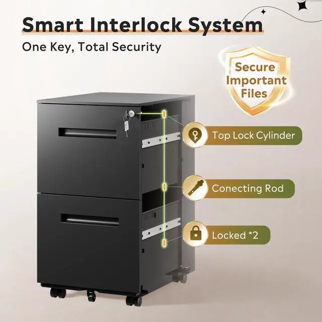 Alt view image 5 of 7 - 2 Drawer Metal File Cabinet with Lock, Fully Assembled | Mobile Filing Cabinet Under Desk for Home Office, Printer Stand, fits Letter/Legal/A4 Size Files, Black
