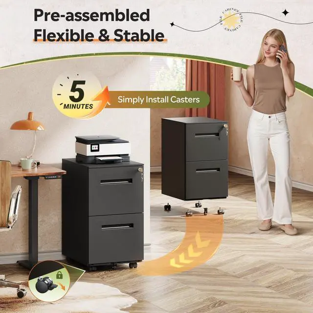 Alt view image 6 of 7 - 2 Drawer Metal File Cabinet with Lock, Fully Assembled | Mobile Filing Cabinet Under Desk for Home Office, Printer Stand, fits Letter/Legal/A4 Size Files, Black