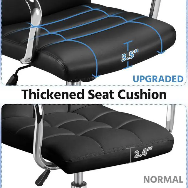 Alt view image 7 of 7 - Black Office Chair PU Leather Swivel Rocking Desk Seat with Arms | Foam-padded channel-stitched PU leather back supports desk hours; chrome frame rocks, adjusts in height, rolls on casters