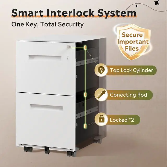 Alt view image 5 of 7 - 2 Drawer Metal File Cabinet with Lock, Fully Assembled | Mobile Filing Cabinet Under Desk for Home Office, Printer Stand fits Letter/Legal/A4 Size, White