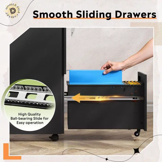Alt view image 7 of 7 - 2 Drawer Metal File Cabinet with Lock, Fully Assembled | Mobile Filing Cabinet Under Desk for Home Office, Printer Stand, fits Letter/Legal/A4 Size Files, Black