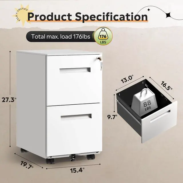 Alt view image 3 of 7 - 2 Drawer Metal File Cabinet with Lock, Fully Assembled | Mobile Filing Cabinet Under Desk for Home Office, Printer Stand fits Letter/Legal/A4 Size, White